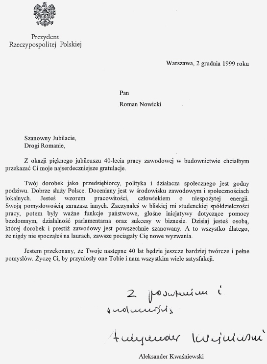 Pismo od Prezydenta Kwaśniewskiego