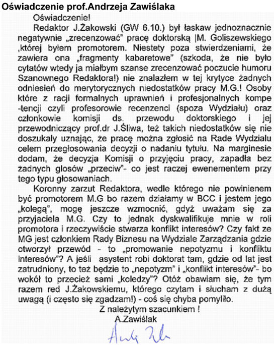 O�wiadczenie prof. Andrzeja Zawi�laka