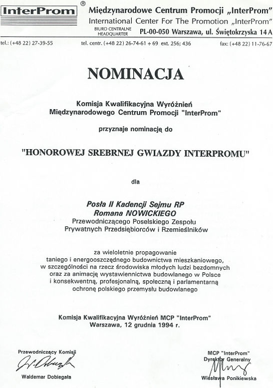 Dyplom Honorowa Srebrna Gwiazda
