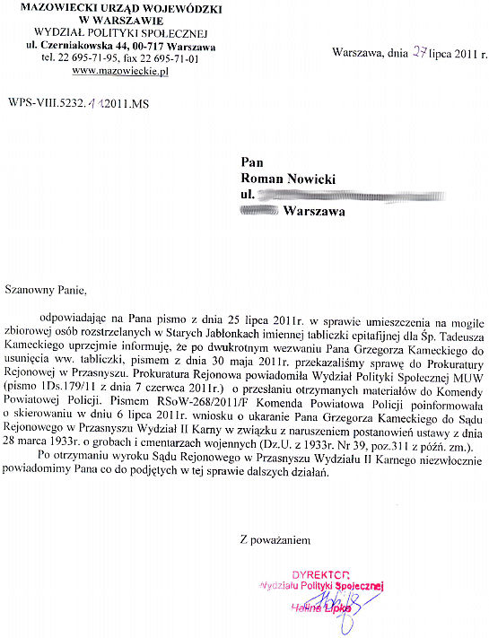 Pismo Wojewody Mazowieckiego z 27.07.2011