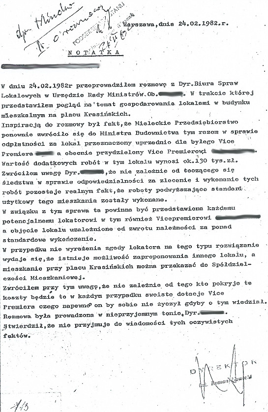 Notatka z rozmowy przeciwko finansowaniu mieszkania Vice Premiera